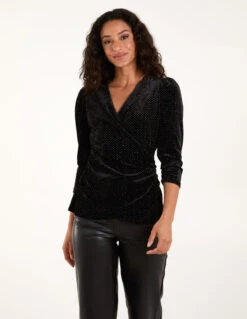 Wrap Glitter Velvet Top(Wrap Glitter Velvet Top) -Repertoire Fashion Store AW23026 BLACK 11296