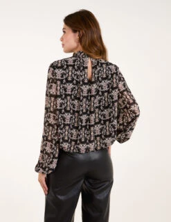 Bubble Hem High Neck Printed Top(Black Bubble Hem High Neck Printed Top) -Repertoire Fashion Store AW24026B091 138154