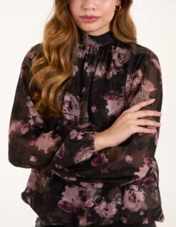 High Neck Bubble Hem Floral Jacquard Blouse(High Neck Bubble Hem Jacquard Floral Blouse) -Repertoire Fashion Store AW24043B003 137997