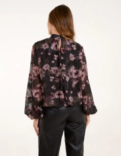 High Neck Bubble Hem Floral Jacquard Blouse(High Neck Bubble Hem Jacquard Floral Blouse) -Repertoire Fashion Store AW24043B003 137998