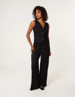 Crinkle Elasticated Waist Wide Leg Trousers(Black Crinkle Elasticated Waist Wide Leg Trousers)