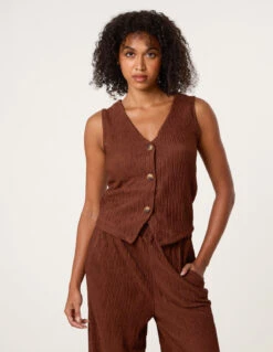 Crinkle Button Front Waistcoat(Chocolate Crinkle Button Front Waistcoat)