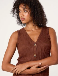 Crinkle Button Front Waistcoat(Chocolate Crinkle Button Front Waistcoat) -Repertoire Fashion Store AW25190 CHOCOLATE 27473