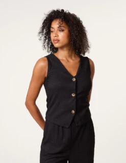 Crinkle Button Front Waistcoat(Black Crinkle Button Front Waistcoat)