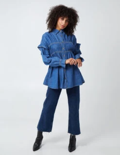 Gathered Front Fill Shoulder Denim Shirt(Gathered Front Fill Shoulder Denim Shirt) -Repertoire Fashion Store BV1780018 55735