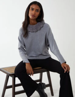 Fur Collar Batwing Jumper(Grey Fur Collar Batwing Jumper 1)