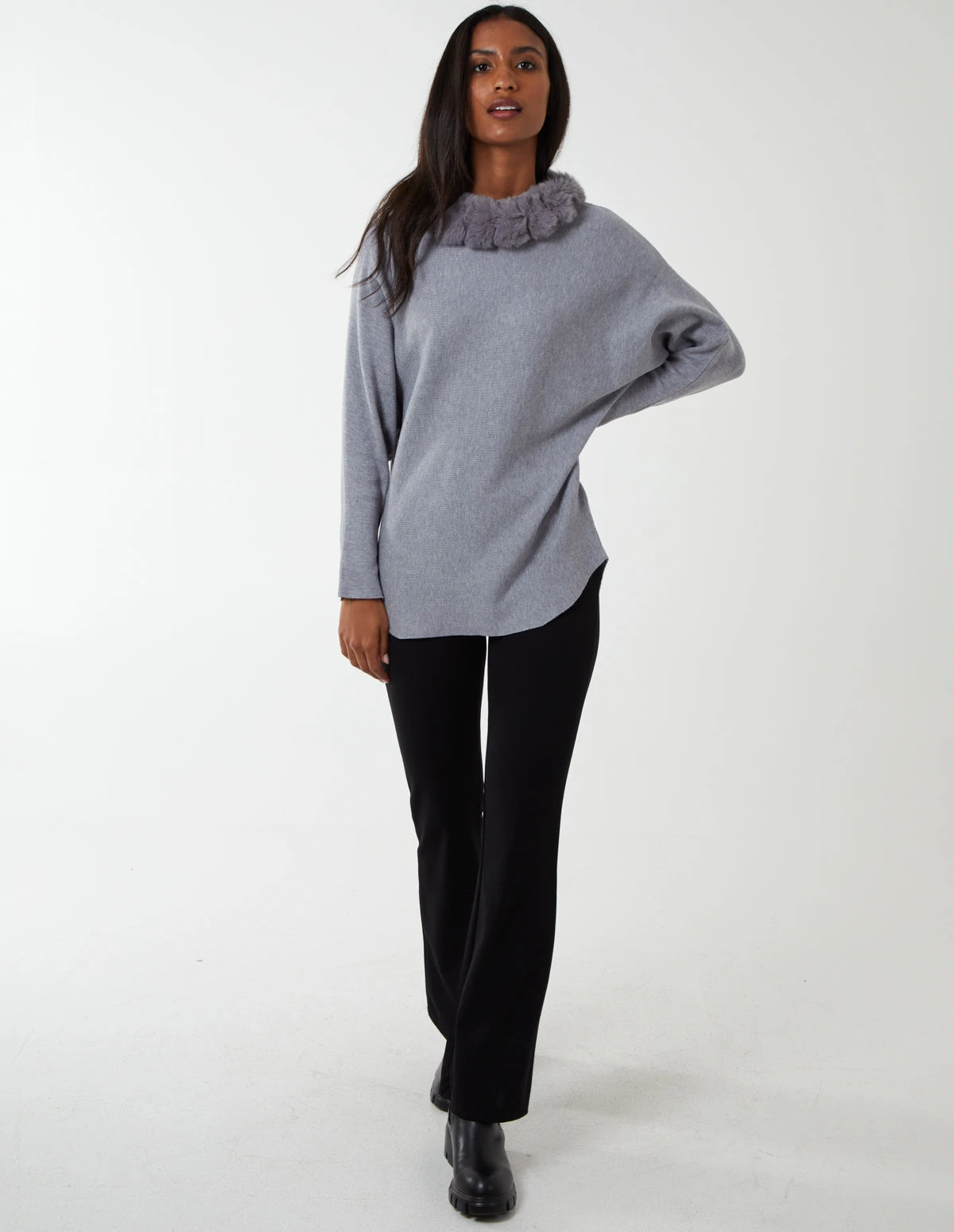 Fur Collar Batwing Jumper(Grey Fur Collar Batwing Jumper 1) 3 Fur Collar Batwing Jumper(Grey Fur Collar Batwing Jumper 1) - Image 3