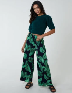 Tropical Print Elasticated Waist Culottes(Navy Tropical Print Elastic Waist Culottes)