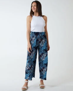Tropical Print Pleated Wide Legs Trouser -Repertoire Fashion Store BV2219 BLUE 2copy