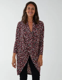 Draped Dip Hem Long Top(Red Pattern Draped Dip Hem Top) -Repertoire Fashion Store BV222400 RED 57