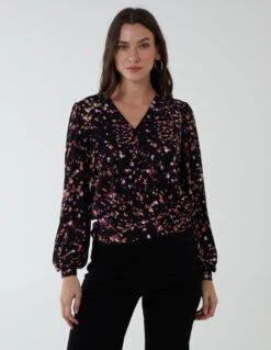 Wrap Front Deep Hem Band Top(Black Pattern Wrap Front Deep Hem Band Top)