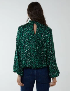 High Neck Leopard Print Satin Blouson Top(Green High Neck Leopard Print Satin Blouson Top) -Repertoire Fashion Store BV222407 GREEN 211