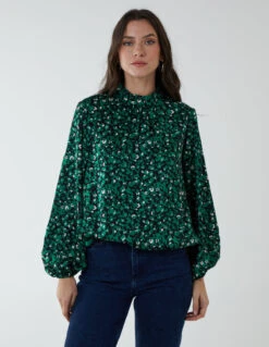 High Neck Leopard Print Satin Blouson Top(Green High Neck Leopard Print Satin Blouson Top)
