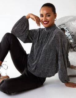 Puffball High Neck Top(Silver Puffball High Neck Top) -Repertoire Fashion Store BV222413 SILVER 2