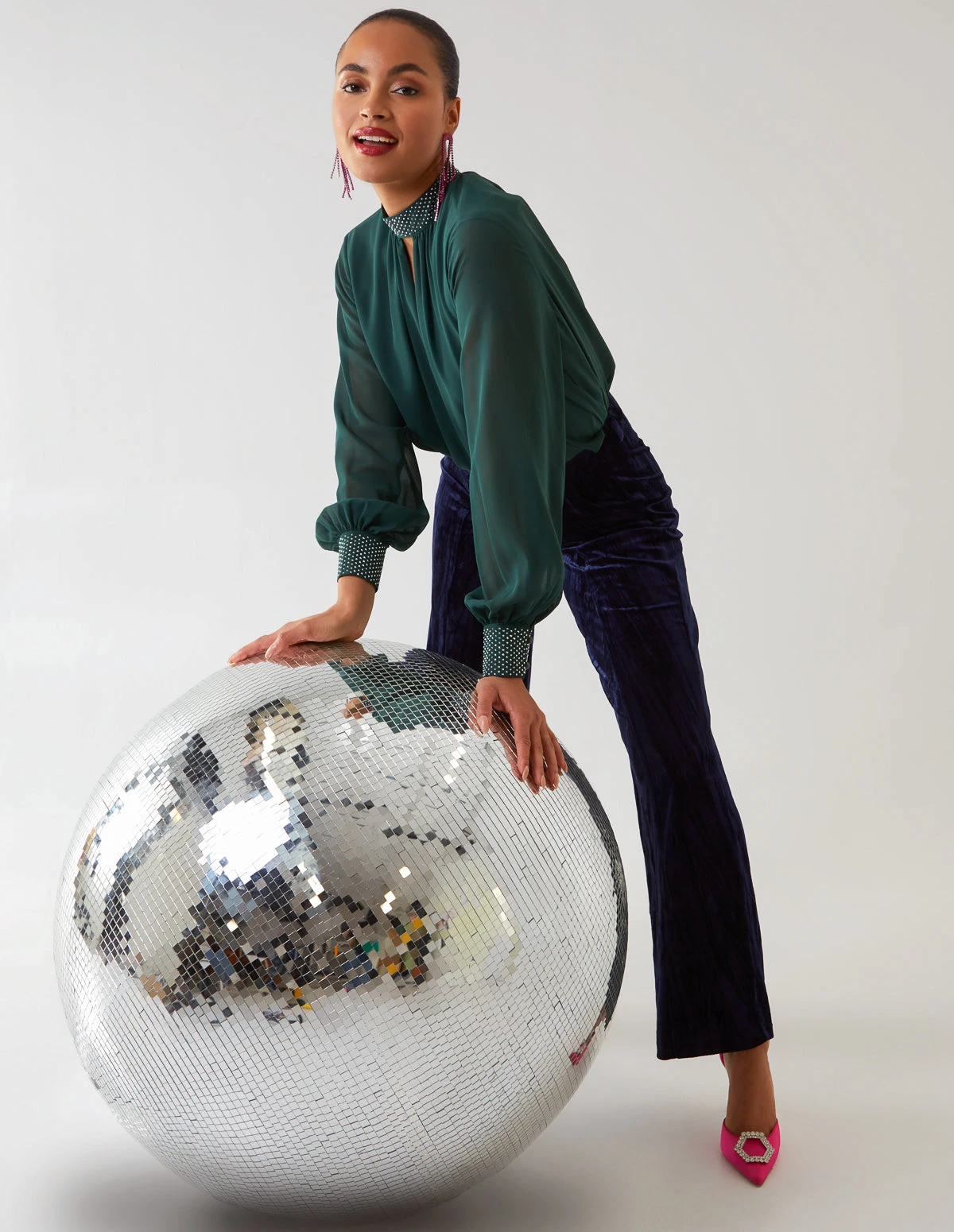 Diamante Collar & Cuff Puffball Top(Green Diamante Collar Cuff Puffball Top) 2 Diamante Collar & Cuff Puffball Top(Green Diamante Collar Cuff Puffball Top) - Image 2