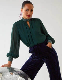 Diamante Collar & Cuff Puffball Top(Green Diamante Collar Cuff Puffball Top) 10 Diamante Collar & Cuff Puffball Top(Green Diamante Collar Cuff Puffball Top) -Repertoire Fashion Store BV222414 GREEN 4