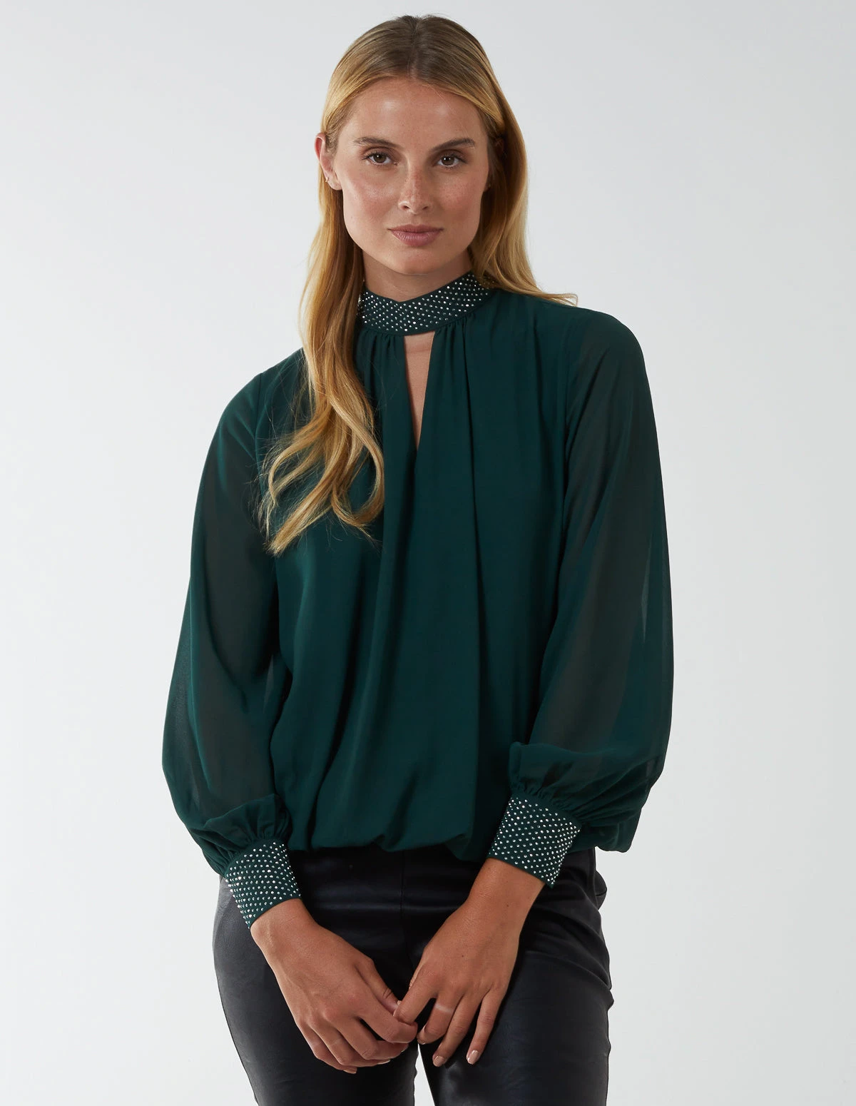 Diamante Collar & Cuff Puffball Top(Green Diamante Collar Cuff Puffball Top) 3 Diamante Collar & Cuff Puffball Top(Green Diamante Collar Cuff Puffball Top) - Image 3