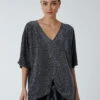 Oversized V Neck Knot Front Top(Silver Oversized V Neck Knot Front Top)