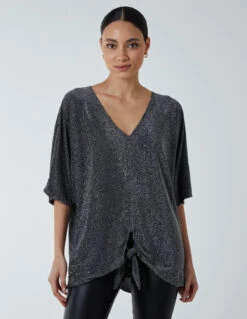 Oversized V Neck Knot Front Top(Silver Oversized V Neck Knot Front Top)