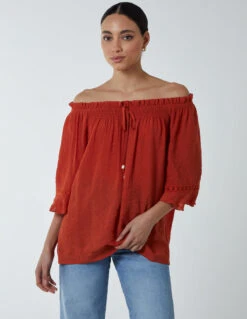 Bardot Tie Front Top(Orange Bardot Tie Front Top)