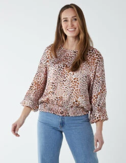 Leopard Print Round Neck Batwing Shirred Hemband Top(Leopard Print Round Neck Batwing Shirred Hemband Top) -Repertoire Fashion Store BV233416 TAN 7197