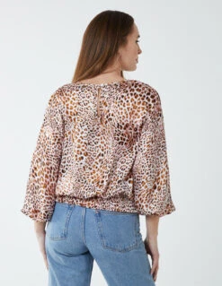 Leopard Print Round Neck Batwing Shirred Hemband Top(Leopard Print Round Neck Batwing Shirred Hemband Top) -Repertoire Fashion Store BV233416 TAN 7209