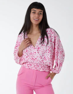 Leopard Print Elasticated Sleeve Wrap Front Elastic Hem Top(Pink Leopard Print Elasticated Sleeve Wrap Front Elastic Hem Top)