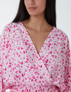 Leopard Print Elasticated Sleeve Wrap Front Elastic Hem Top(Pink Leopard Print Elasticated Sleeve Wrap Front Elastic Hem Top) -Repertoire Fashion Store BV233434 PINK 7146