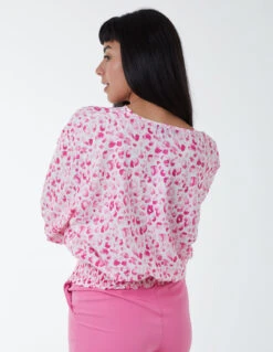 Leopard Print Elasticated Sleeve Wrap Front Elastic Hem Top(Pink Leopard Print Elasticated Sleeve Wrap Front Elastic Hem Top) -Repertoire Fashion Store BV233434 PINK 7160