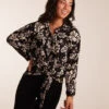 Floral Tie Front Oversized Shirt(Black Floral Tie Front Oversized Shirt) -Repertoire Fashion Store BV234400003 111946