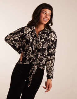 Floral Tie Front Oversized Shirt(Black Floral Tie Front Oversized Shirt)