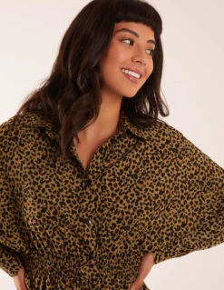 Leopard Print Shirred Waist Shirt(Leopard Print Shirred Waist Shirt) -Repertoire Fashion Store BV234401 KHAKI 50338