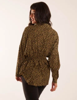 Leopard Print Shirred Waist Shirt(Leopard Print Shirred Waist Shirt) -Repertoire Fashion Store BV234401 KHAKI 50351