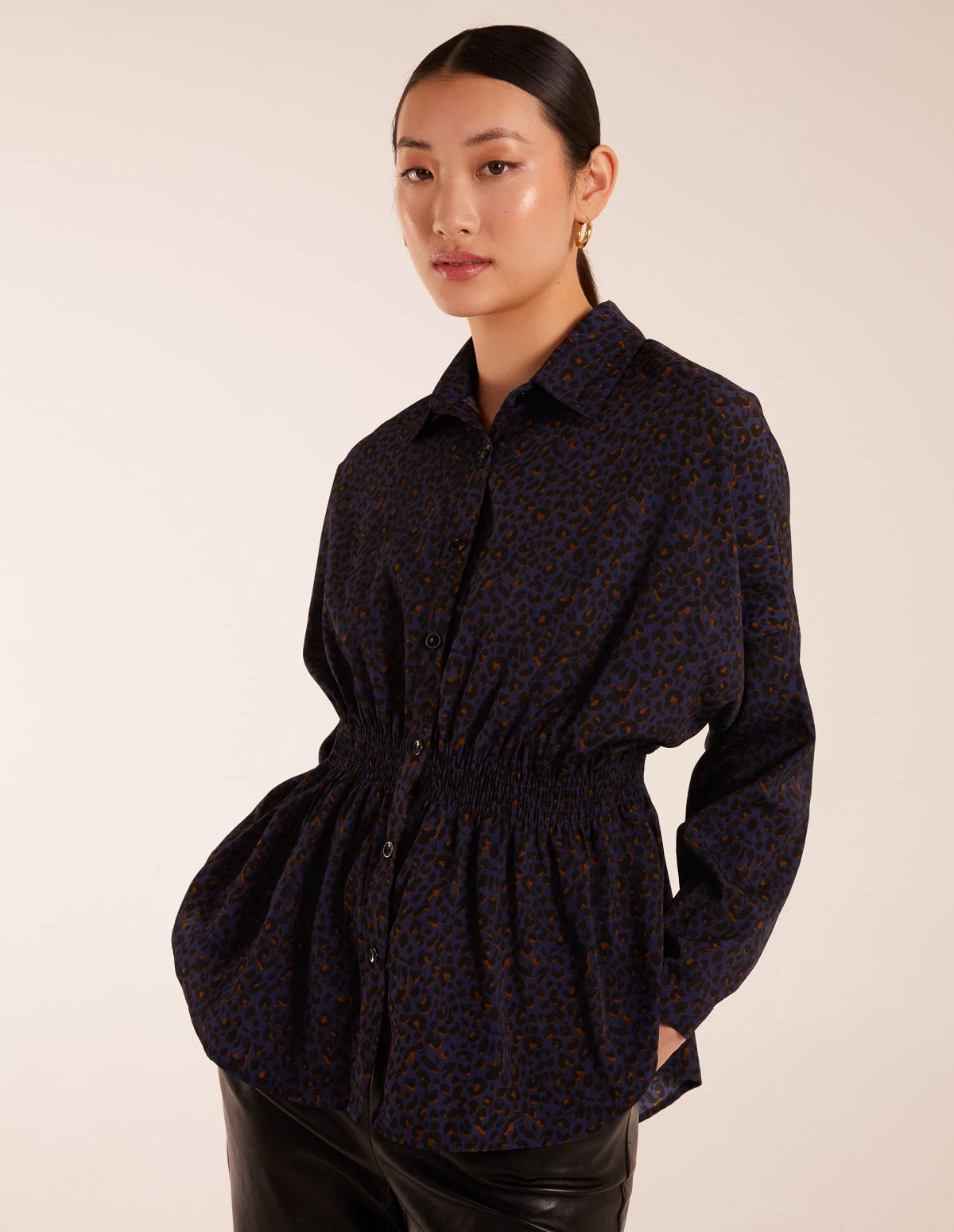 Leopard Print Shirred Waist Shirt 1 Leopard Print Shirred Waist Shirt