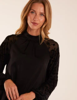 High Neck Flocked Sleeve Top(High Neck Flocked Sleeve Top) -Repertoire Fashion Store BV234413 BLACK 46288