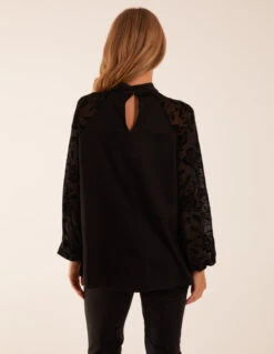 High Neck Flocked Sleeve Top(High Neck Flocked Sleeve Top) -Repertoire Fashion Store BV234413 BLACK 46298