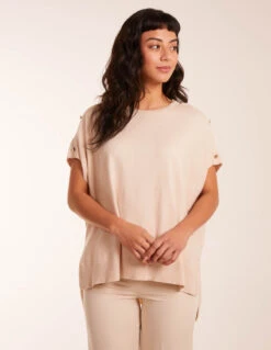 Oversized Button Shoulder Top(Beige Oversized Button Shoulder Top) -Repertoire Fashion Store BV234513 STONE 0172