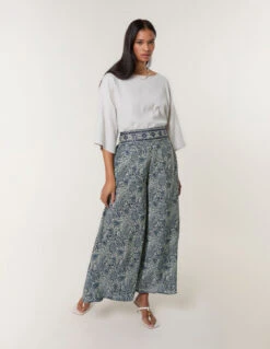 Embellished Waist Wide Leg Trousers(Navy Embellished Waist Wide Leg Trousers)