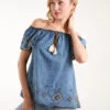 Denim Embroidered Bardot Top -Repertoire Fashion Store BV245402 LIGHTDENIM179