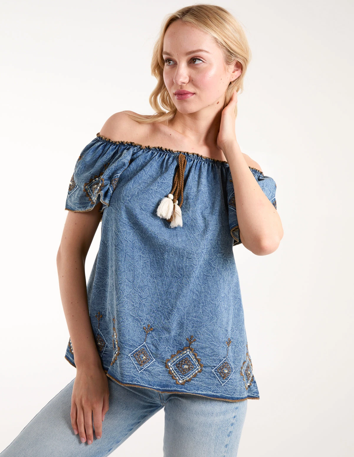 Denim Embroidered Bardot Top 1 Denim Embroidered Bardot Top