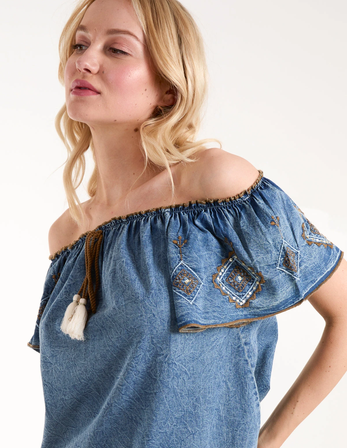 Denim Embroidered Bardot Top 3 Denim Embroidered Bardot Top - Image 3