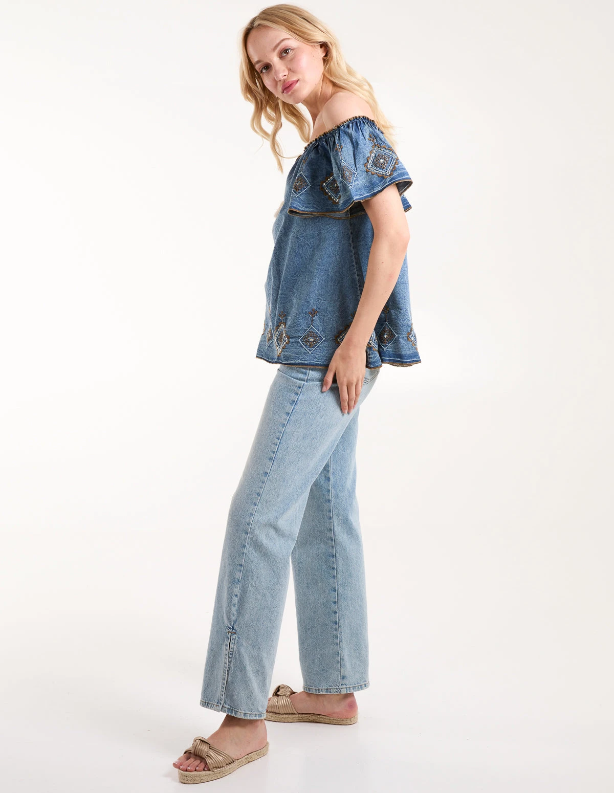 Denim Embroidered Bardot Top 2 Denim Embroidered Bardot Top - Image 2