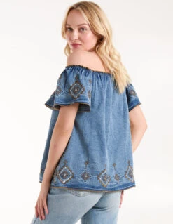 Denim Embroidered Bardot Top 9 Denim Embroidered Bardot Top -Repertoire Fashion Store BV245402 LIGHTDENIM182