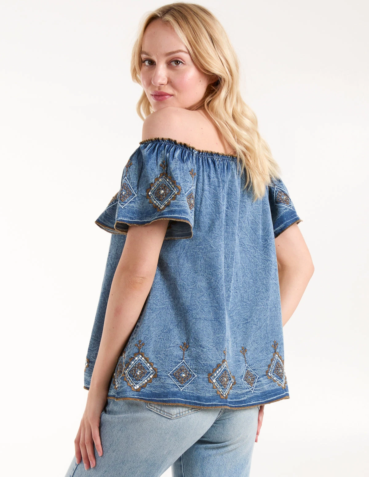 Denim Embroidered Bardot Top 5 Denim Embroidered Bardot Top - Image 5