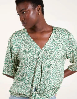 Tie Front V Neck Top -Repertoire Fashion Store BV245415 GREEN 42595