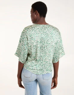 Tie Front V Neck Top -Repertoire Fashion Store BV245415 GREEN 42600