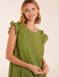 Button Back Frill Top(Green Button Back Frill Top)