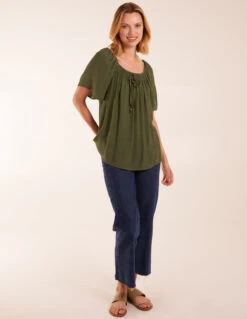 Milkmaid Shirred Swing Top(Khaki Milkmaid Shirred Swing Top) -Repertoire Fashion Store BV245424056 130757