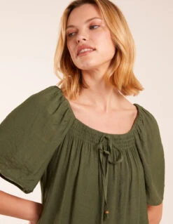 Milkmaid Shirred Swing Top(Khaki Milkmaid Shirred Swing Top) -Repertoire Fashion Store BV245424056 130758