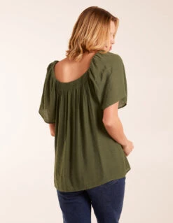 Milkmaid Shirred Swing Top(Khaki Milkmaid Shirred Swing Top) -Repertoire Fashion Store BV245424056 130759